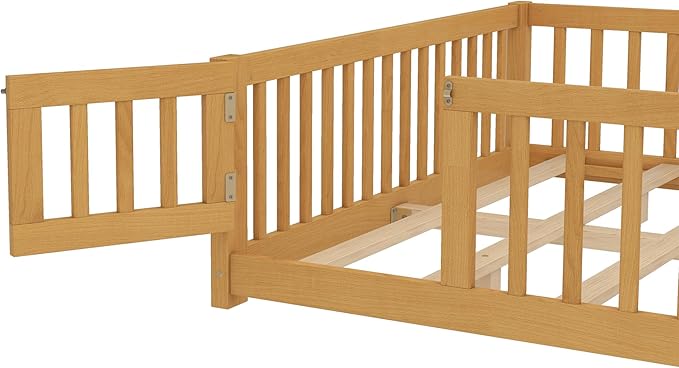 Bellemave Queen Size Floor Bed with Rails for Kids, Girls, Boys, Pine,Plywood Floor Bed with slats and Door, Natural