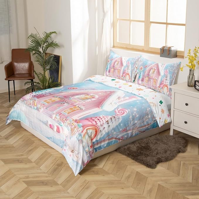 Manfei Christmas Kids Duvet Cover Set Queen Size, Cute Xmas Cabin Trees Bedding Set for Boys Girls Room Decor, New Year Theme Comforter Cover, Lightweight Bedspread Cover, 2 Pillowcases, No Comforter