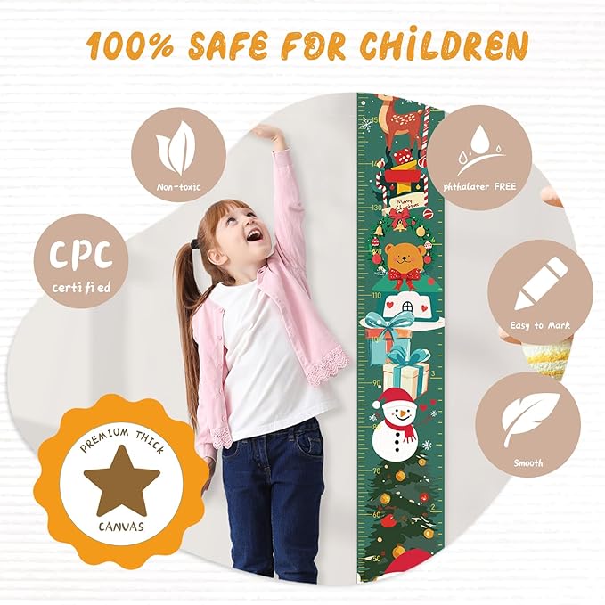 Canvas Height Chart Ruler Removable Hanging Wall Ruler Measurement Chart for Home Decoration, Waterproof Measuring Board, Foldable（Christmas Deer）