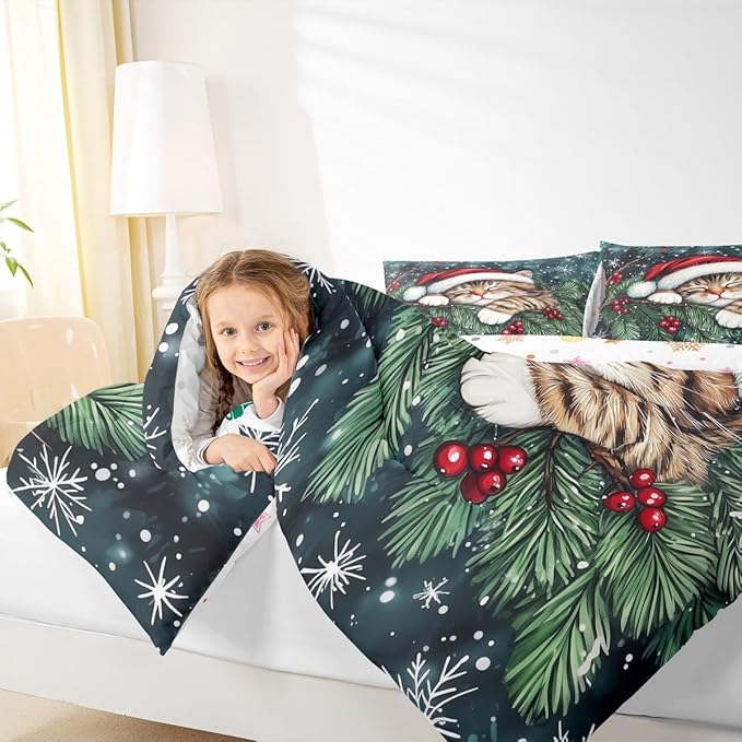 Cute Cat Kid Comforter Set Full Size,Winter Holly Berry Snowflake Bedding Set,Girl Boy Room Decor,Animal Merry Christmas Poinsettia Quilt Comforter,Dark Green Duvet Set Bedroom Quilt Set,2 Pillowcases