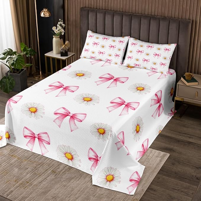 Pink Bowknot Kids Bedspread Twin Size,Daisy Flowers Bow Tie Knot Princess Coverlet Set,Girls Women Room Decor,Plant Floral Bows Romantic Quilted Coverlet,Boho Chic Bedding Quilt,1 Pillowcase