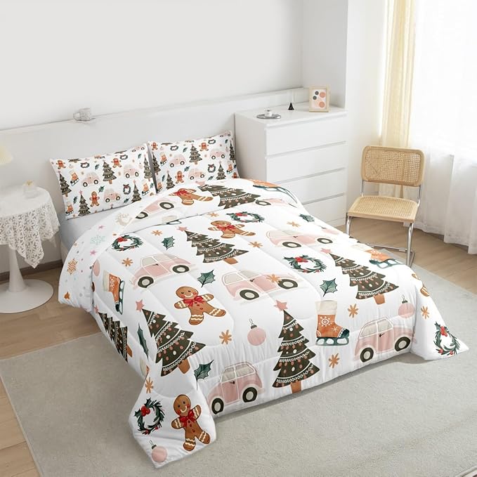 Feelyou Xmas Tree Car Comforter Set All Season Gingerbread Man Bedding Set with 2 Pillow Cases Garland Microfiber Kids Full Bedclothes Bedroom Decor Duvet Quilt Breathable Soft