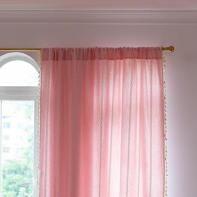 Deeprove Pink Boho Curtains 96 inches Long for Baby Princess Teenage Girl School Bedroom Nursery Room, Blush Bohemian Embroidery Farmhouse Privacy Fringes Window Treatments Decor, W52 x L96, 1 Panel