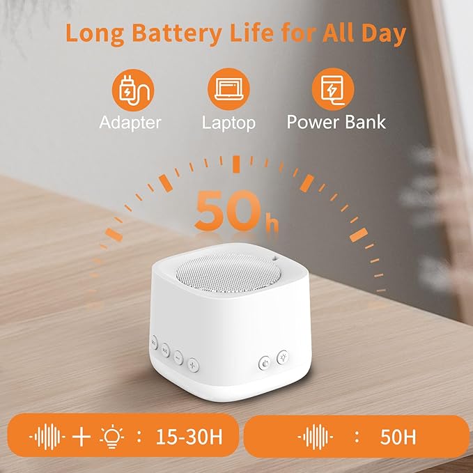 Portable Mini White Noise Sound Machine with Amber Breathing Night Light, 16 Soothing Sounds, 30-Hour Rechargeable Battery, Timer & Memory for Baby & Adult Sleep, Travel, Office Privacy