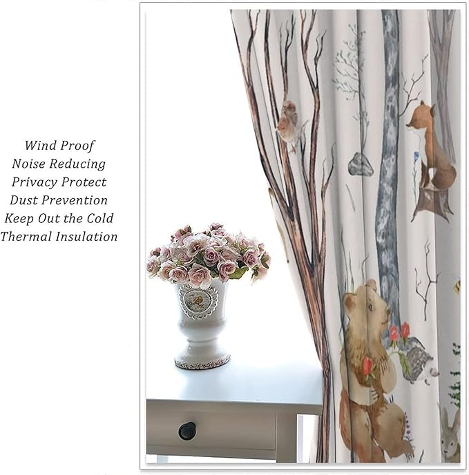 Rustic Forest Window Curtains Curtains, Woodland Animal Bear Deer Hedgehog Fox Squirrel Watercolor Blackout Rod Pocket Treatments Drapes for Boys Girls Bedroom 42x54in