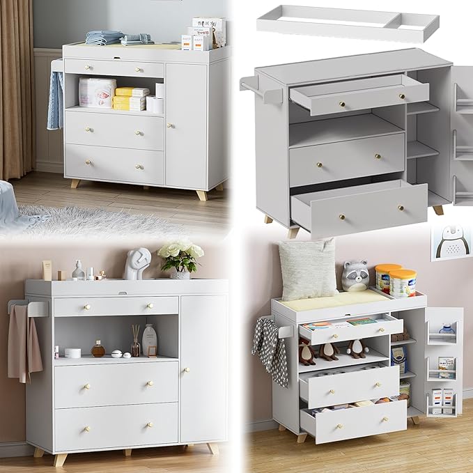 PAKASEPT Nursery Dresser with Baby Changing Table, Modern Diaper Changing Station, Dresser for Nursery with 2 Drawers & Shelves, Storage Crib with Changing Table, White