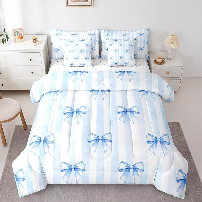 Manfei 7 Pieces Blue Bowknot Kids Girls Comforter Queen Size,Geometric Stripes Bow Tie Patch Dreamy Bedding Set,Butterfly Knot Princess Cute（Comforter+Fitted+Flat+2 Pillowcases+2 Throw Pillow Covers）