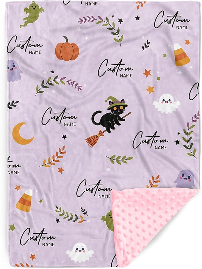 Personalized Halloween Blanket for Girls, Custom Baby Blanket with Name, Cat Pattern Soft Minky Dot Blanket, Halloween Decor Christmas Birthday Gifts for Kids Toddlers
