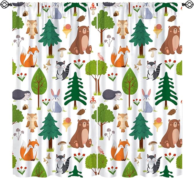 Jungle Animal Curtains, Woodland Animals Forest Pattern Blackout Window Treatments, Rod Pocket Thermal Insulated Drapes 2 Panel Sets for Kids Room Nursery Classroom, 63" W X 63" L