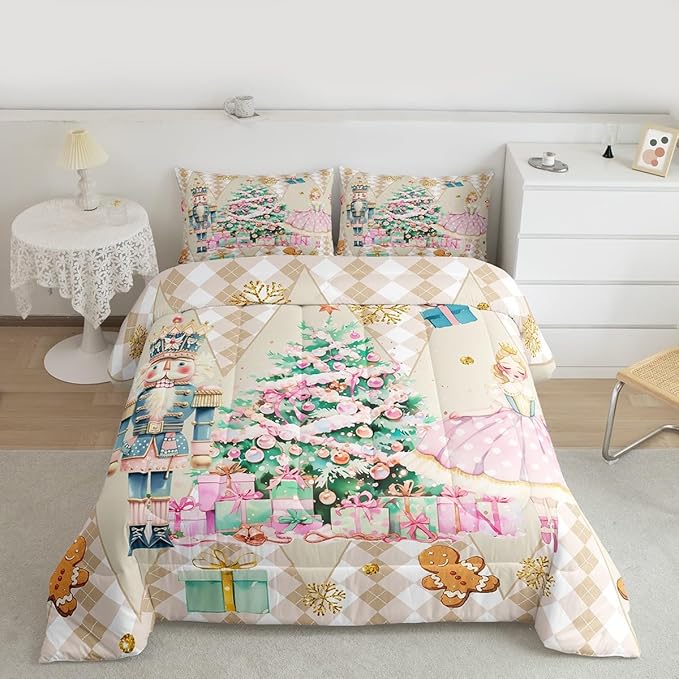 jejeloiu Christmas Nutcracker Comforter Set King Size Gingerbread Man Bedding Set for Kids Boys Girls Xmas Tree Duvet Quilt Beige Bedroom Decor