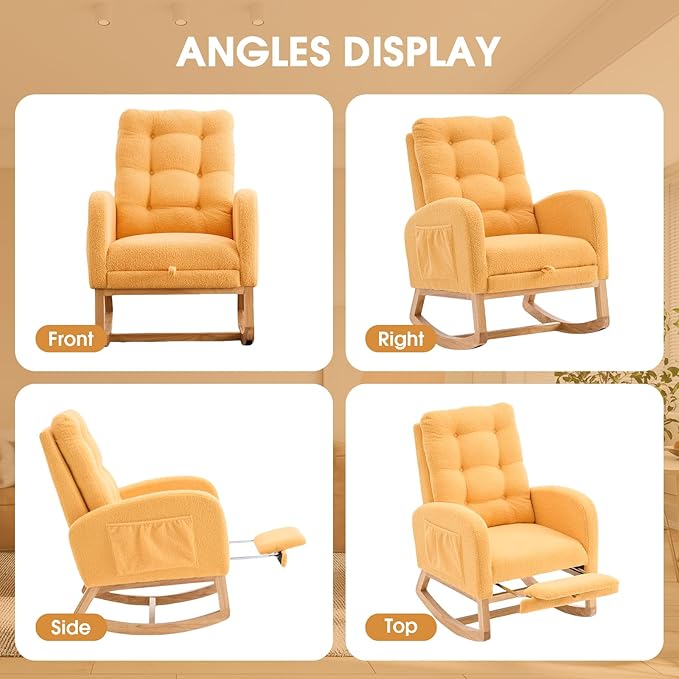 NIOIIKIT Nursery Rocking Chair, Linen Upholstered Glider Chair with Footrest, Tufted Rocker Recliner with Side Pocket, Comfy Recliner Glider, Accent Chair for Living Room (Yellow Teddy)