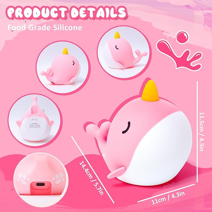 Ammonite Pink Narwhal Night Light, Soft Silicone Whale Nursery Lamp with 3 Dimming Levels and 30-Minute Timer, Touch Control Nightlight for Bedroom Decor, Christmas Birthday Gift