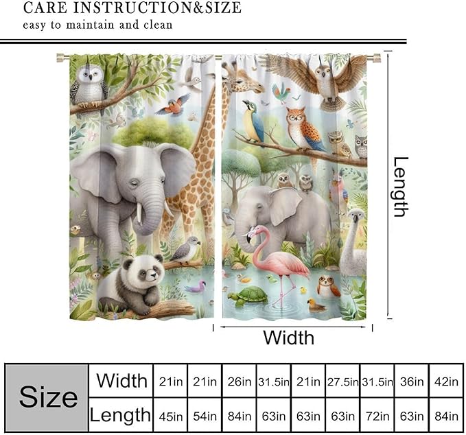 Kids Animals Curtain Cartoon Western Wildlife Flamingo Elephant Giraffe Window Treatment for Baby Children Bedroom Living Room 72" W X 63" L