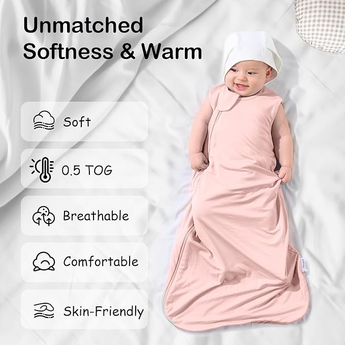 Supersoft Rayon Made from Bamboo Sleep Sack 3-6 Months Newborn Sleep Sack 0-3 Months 0.5 Tog Lightweight Baby Wearable Blanket with 2-Way Zipper Summer Unisex Sleeping Bag for Babies - Pink