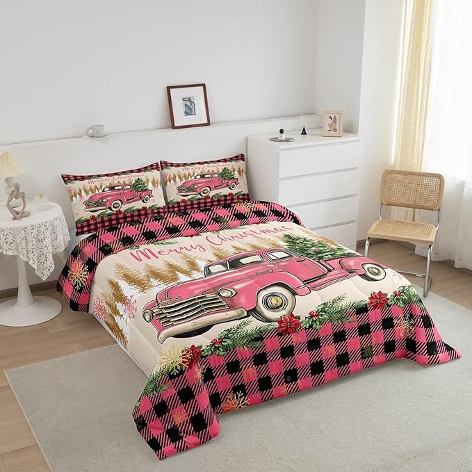 Erosebridal Christmas Comforter Sets Merry Xmas Tree Toddler Bedding Sets Red Truck Painting Down Comforter,Lattice Decor Bed Set for Kids Boys Girls Teens Bedroom Decor,Reversible