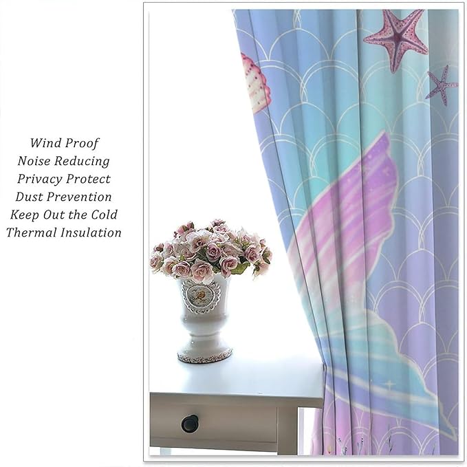 Fantasy Mermaid Curtain Colorful Rainbow Fish Tail Ocean Theme Beautiful Kids Window Treatment for Girls Bedroom Nursery Room Decor Rod Pocket Window Drapes 42x45in
