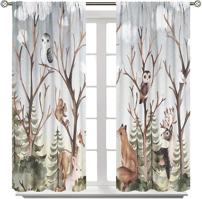 Forest Curtains, Cartoon Woodland Animals Tree Birds Moose Rabbit Mushroom Print Pattern Kids Bedroom Window Treatments Curtains 72x63in