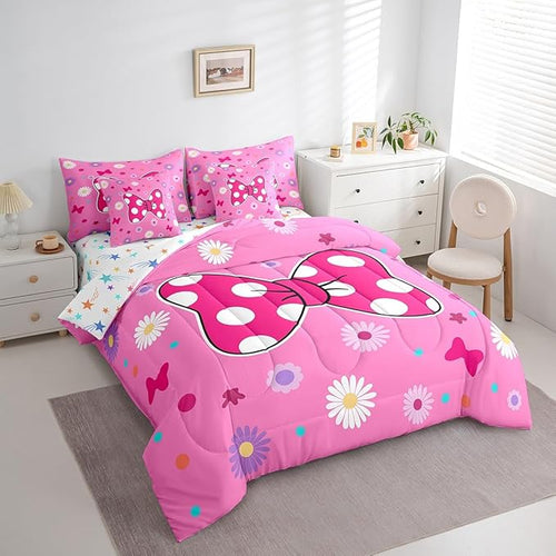 7 Pieces Pink Bowknot Kids Comforter Set King,Daisy Flowers Geometric Dot Patchwork Bedding Set,Bow Tie Cute Princess Dreamy Chic（Comforter+Fitted+Flat Sheet+2 Pillowcases+2 Throw Pillow Covers）