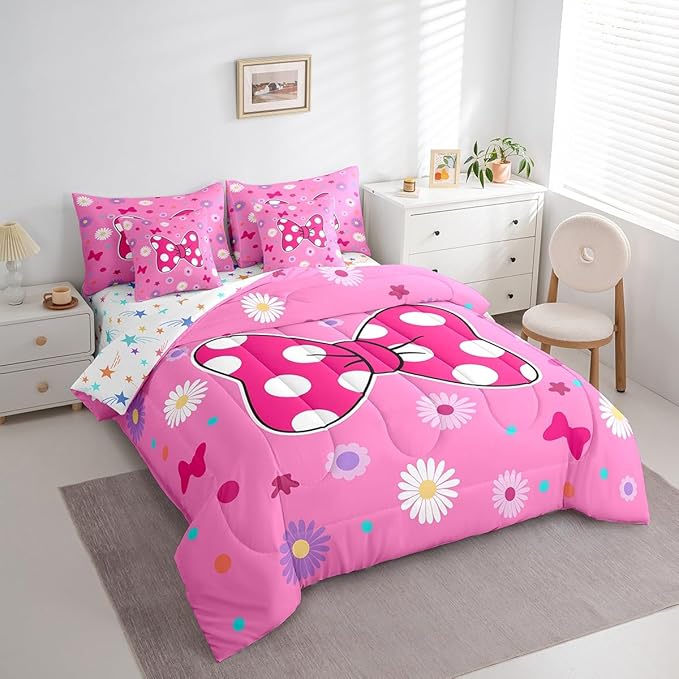 7 Pieces Pink Bowknot Kids Comforter Set Full,Daisy Flowers Geometric Dot Patchwork Bedding Set,Bow Tie Cute Princess Dreamy Chic（Comforter+Fitted+Flat Sheet+2 Pillowcases+2 Throw Pillow Covers）