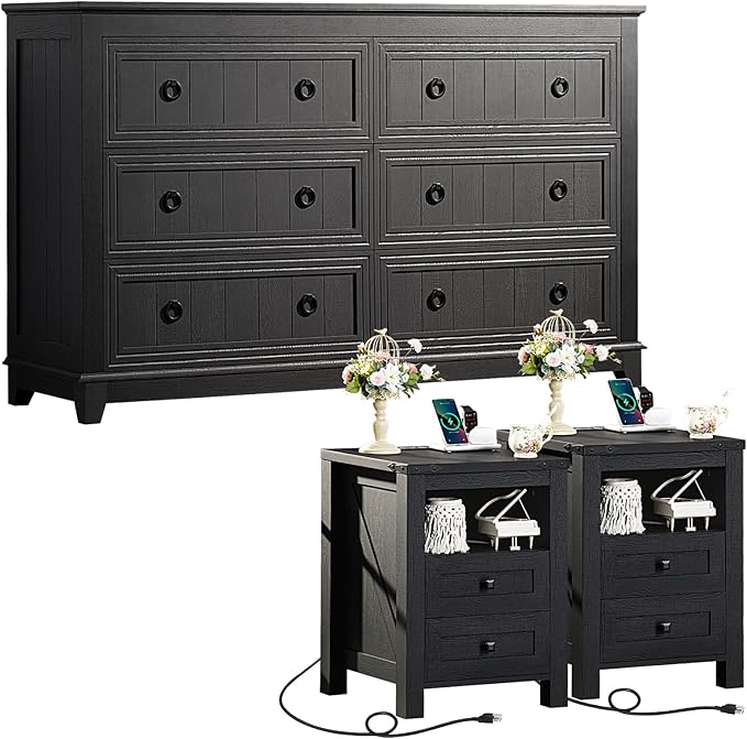Farmhouse Living Room Sets, Night Stands Set of 2 and 6 Drawers Dresser for Bedroom, 58 Inch Wide Wood Dresser and 18.1" Night Stands with Charging Station for Bedroom, Living Room, Hallway