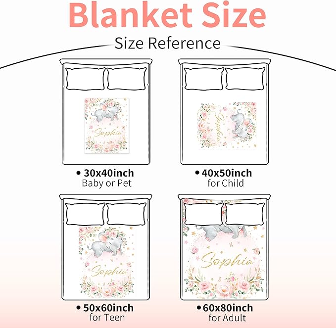 Elephant Blanket Personalized Baby with Name for Girl, Custom for Newborn Soft Flannel Toddler Customized Gift for Birthday Christmas Shower 30'' X 40'', elephant Pink