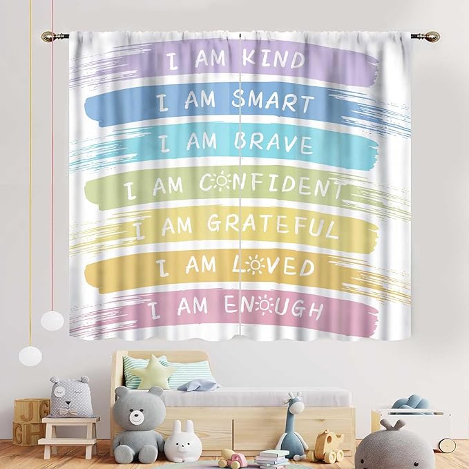 Rainbow Curtains for Classroom, Kids Girls Baby Boho Cute Inspirational Motivational Quotes Cartoon Colorful Pastel Nursery Classroom Bedroom Living Room Bathroom Window Drapes 2 Panels, 52"x84" Inch