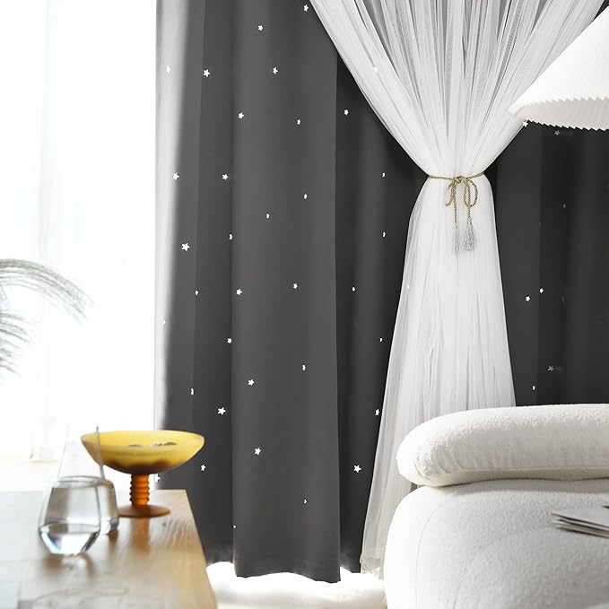 Kinryb Kids Blackout Curtains for Bedroom/Living Room/Classroom, Sheer Overlay 2 Panel Set, Double Layer Curtains with Star Cutout for Kids Room(Each Piece W 70 x L 95 Inches 2 Pcs Grey)