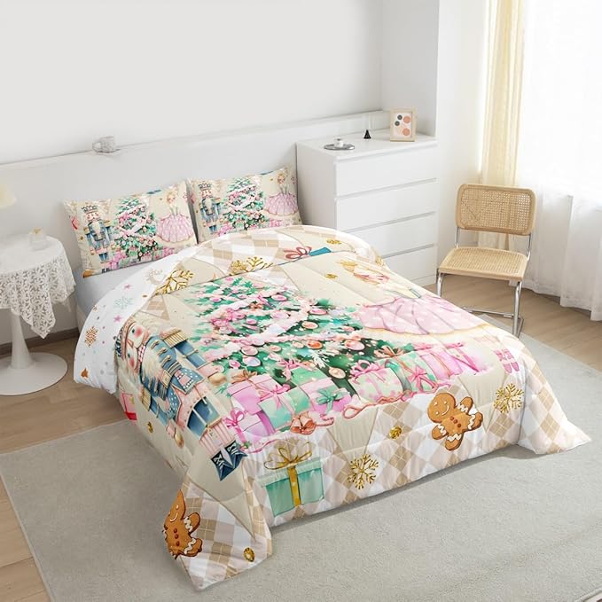 jejeloiu Christmas Nutcracker Comforter Set Full Size Gingerbread Man Bedding Set for Kids Boys Girls Xmas Tree Duvet Quilt Beige Bedroom Decor
