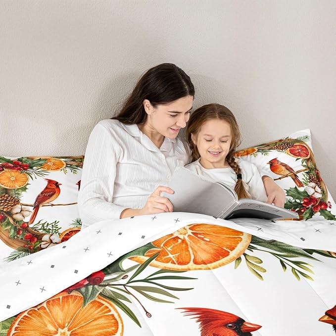 jejeloiu Kids Red Cardinal Comforter Set Queen Size Christmas Theme Bedding Set for Boys Girls Teens Xmas Birds Animal Lemon Winter Wood Duvet Quilt Room Decor