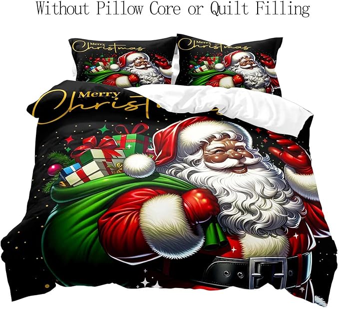LUVIVIHOME 3PCS Black Santa Claus Duvet Cover Queen Bedding Set, Christmas Bedding, Holiday Xmas Gifts Black Comforter Quilt Cover, African American Christmas Decorations, Bed in a Bag, 2 Pillow Shams