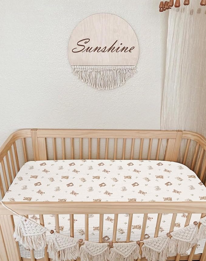Crib Sheets for Baby Boy Girl 2 Pack, Fitted Crib Mattress Sheet 28" x 52", Muslin Toddler Bedding with Neutral Style, Nursery Bedding Essentials (Teddy & Friends)