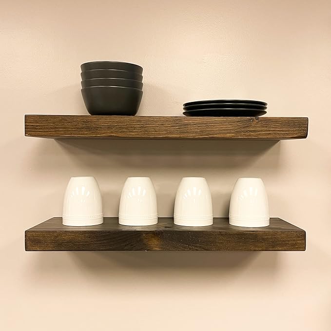 URBANDI, Rustic Floating Shelves, Set of 2, Hidden Bracket, Solid Wood, Heavy Duty, Wall Mounted Shelves, (Dark Brown, 48Wx6D)