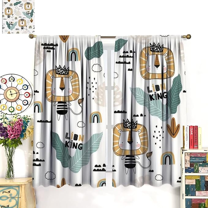 Cartoon Little Lion King Window Curtains for Baby Child,Cute Funny Forest Animals,Tropical Jungle Leaves Wildlife Boho Rainbow Print Blackout Drapes for Nursery Boys Girls Kids Bedroom 55x63in