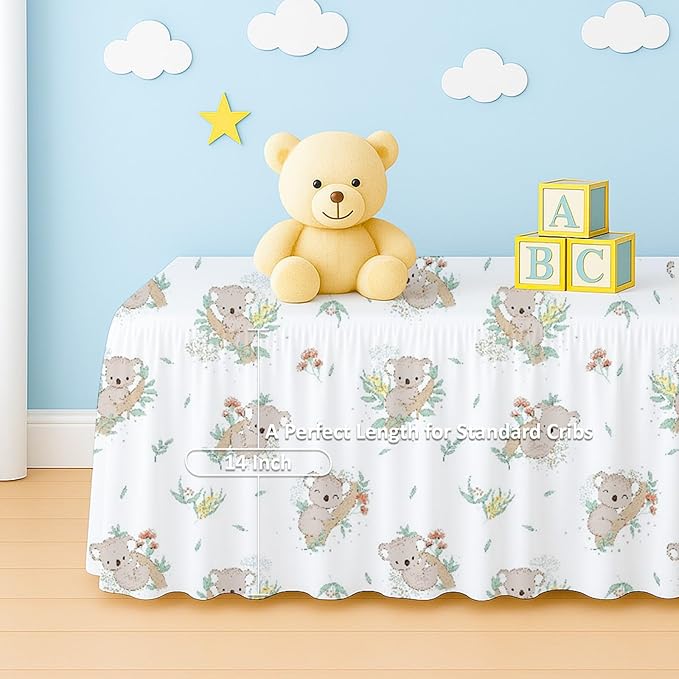 Cottington Lane Crib Skirt Dust Ruffle, 100% Natural Cotton, Soft, Durable Nursery Crib Toddler Bedding Skirt for Baby Girls or Boys, Fits Standard Cribs 28" x 52" with 14" Drop, Koala Cuddles