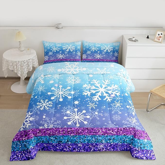 Feelyou Winter Snowflake Comforter Set All Season Glitter Print Bedding Set with 2 Pillow Cases Christmas Microfiber Kids King Bedclothes Holiday New Year Bedroom Decor Duvet Quilt Soft Lightweight