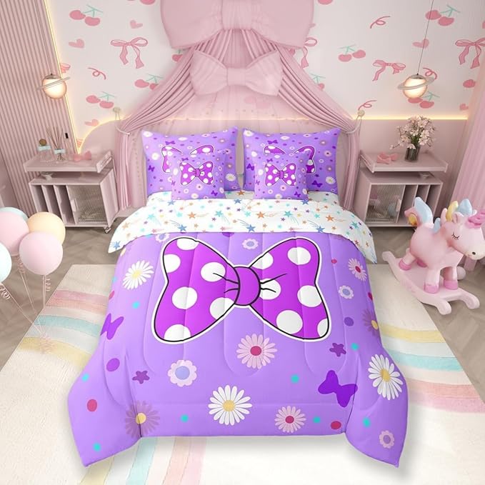 7 Pieces Purple Bowknot Kids Comforter Set King,Star Daisy Floral Geometric Dots Patch Bedding Set,Bow Tie Princess Cute Romantic（Comforter+Fitted+Flat Sheet+2 Pillowcases+2 Throw Pillow Covers）