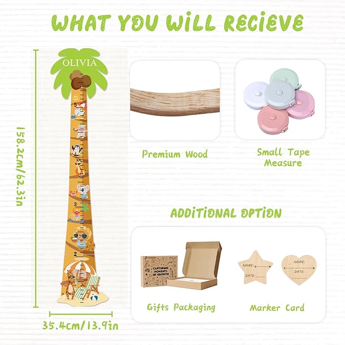 Personalized Name Growth Chart for Kids, Coconut Beach Children's Height Growth Chart Wall Board, Precision Height Measuring Instrument for Nursery Room, Removable and Easy to Store