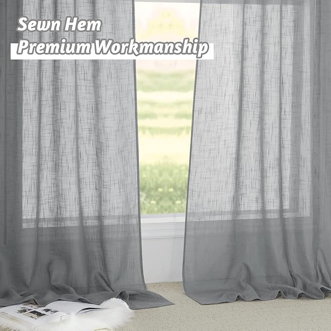 RYB HOME Grey Sheer Curtains - Linen Textured Semi Sheer Privacy Protect Light Glare Filtering Window Curtains for Bedroom Living Room, W 52 x L 84 inches, 1 Pair, Gray