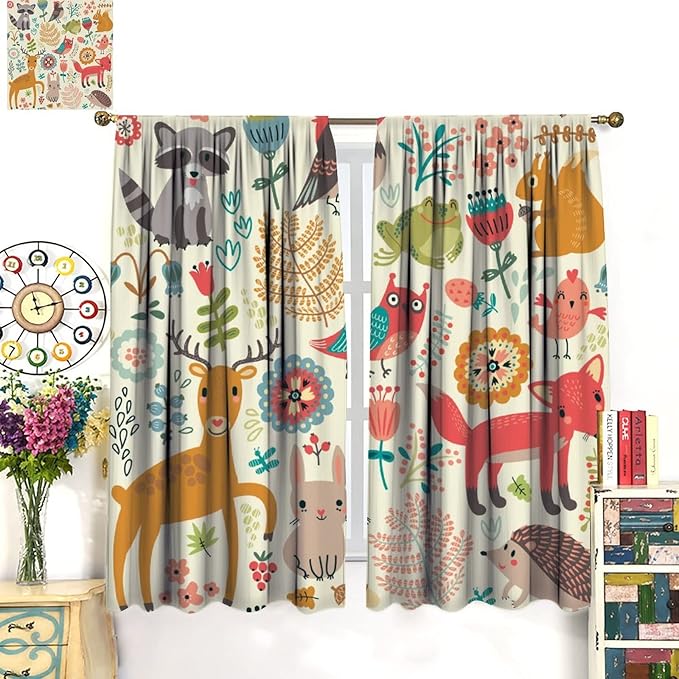 Kids Baby Woodland Blackout Curtains,Forest Animals Plants Cartoon Funny Colorful Deer Fox Owl Pattern Thermal Insulation Window Drapes for Boys Girls Children's Bedroom 72x63in