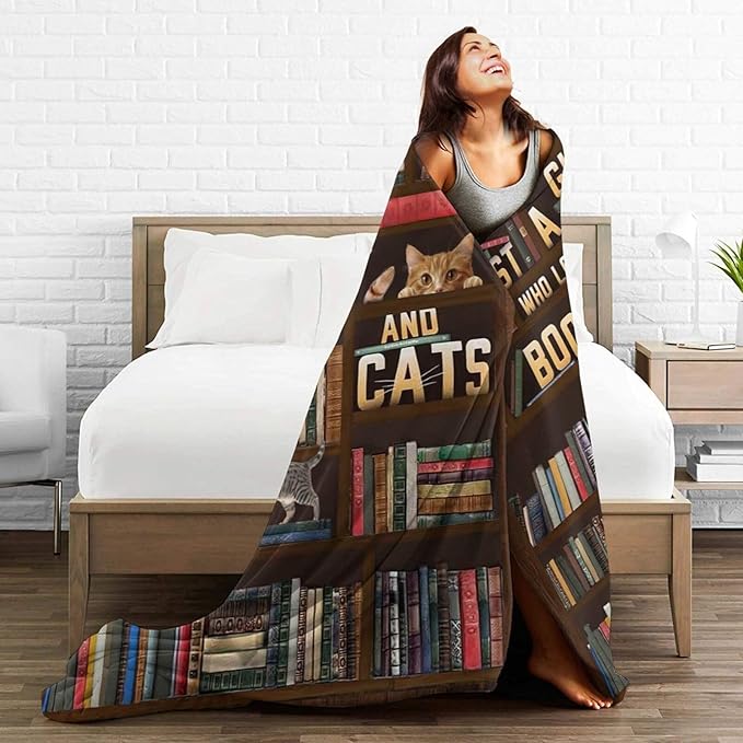 Cute Cat Blanket Just a Girl Who Loves Books and Cats Throw Blankets for Kids Teens Adults Warm Soft Lightweight Plush Funny Animal Print Fleece Flannel Throws Bedding Reading Gifts for Girls 60"x50"