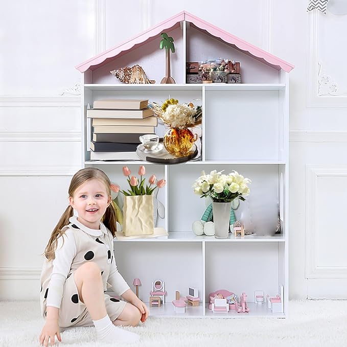 4-Tier Wooden Kids Bookcase, Toy Storage Organizer with Dollhouse Design, Multi-Functional Bookshelf with 4 Shelves for Bedroom Playroom, Easy Assembly for Boys & Girls