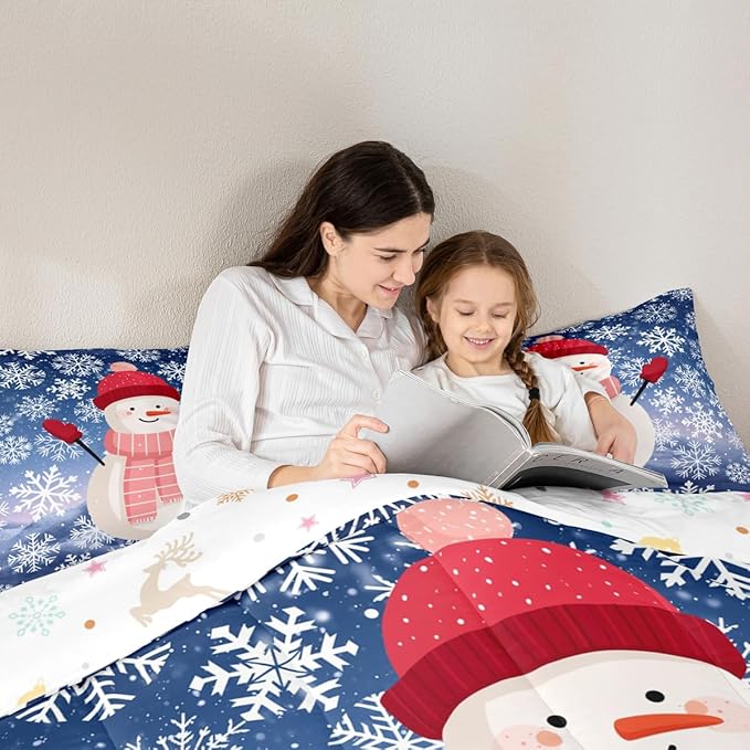 Feelyou Christmas Kids Comforter Set King Size Snowman Purple Blue Gradient Bedding Set Xmas Snowflakes Duvet Quilt for Kids Boys Girls Bedroom Winter Snow Decor Microfiber Ultra Soft Breathable