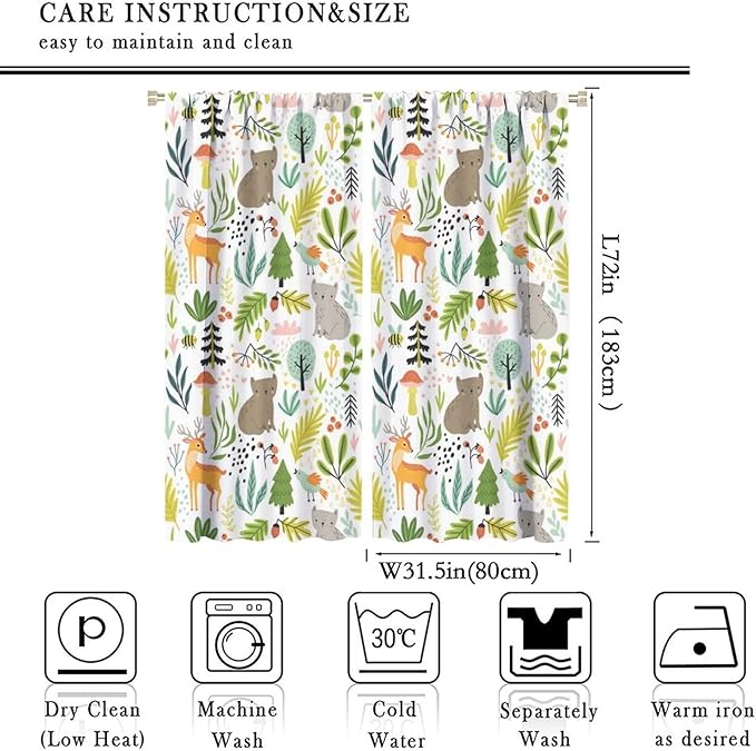 Cartoon Forest Kids Blackout Curtains,Cute Woodland Wild Animals Colorful Deer Plants Trees Print Pattern Thermal Insulation Window Drapes for Nursery Boys Girls Bedroom,White Background 63x72in