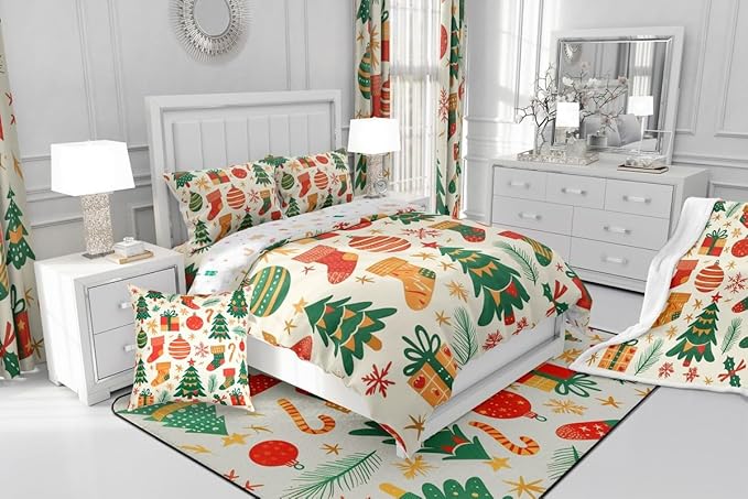Feelyou Christmas Comforter Set All Season Xmas Tree Bedding Set with 2 Pillow Cases New Year Gift Microfiber Kids King Bedclothes Christmas Stockings Bedroom Decor Duvet Quilt Breathable Soft