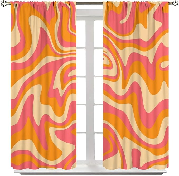 Abstract Wavy Swirl Curtains,60s 70s Groovy Aesthetic Retro Boho Orange Pink Abstract Curtains for Girls Bedroom Living Room Window 84"" W X 84"" L, Style-2