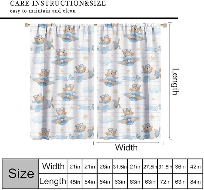 Cartoon Bear Curtains, Lovely Bear Adventure Airplane Blue White Stripe Blackout Window Treatments, Rod Pocket Thermal Insulated Drapes 2 Panel Sets for Kids Bedroom Nursery Classroom, 42"W X 63"L