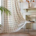 Deeprove Boho Curtains 84 Inches Long for Bedroom, Cotton Linen Plaids Turquoise Embroidery Semi Blackout Bohemian Farmhouse Window Treatment Grids Drape Tassels, 1 Panel W52 x L84 Beige