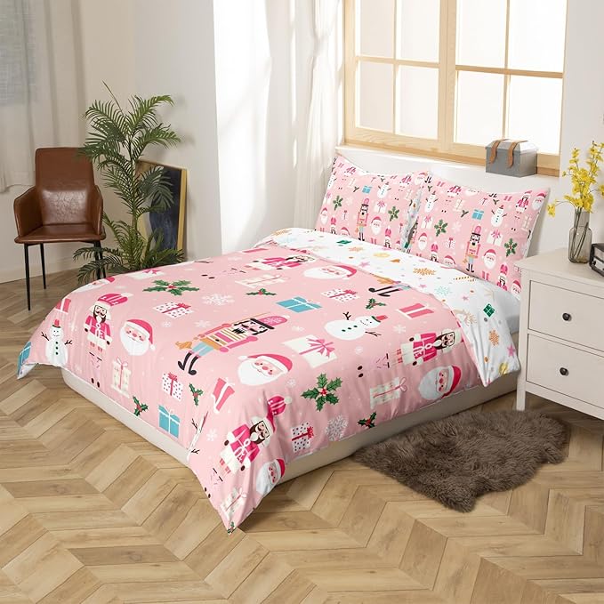 Pink Christmas Nutcracker Decorative Comforter Cover Toddler Size Xmas Cartoon Santa Claus Duvet Cover New Year Festival Snowman Snowflake Bedding Set Gifts for Kids Boys Girls 1 Pillow Case Pink
