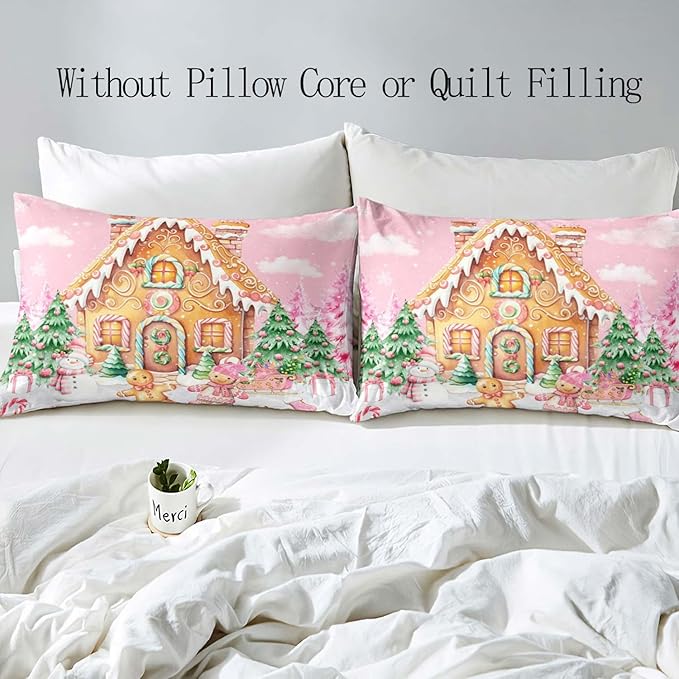 LUVIVIHOME 2PCS Pink Gingerbread House Duvet Cover Twin Bedding Sets, Teen Girl Bedding, Gingerbread Man Snowman Christmas Tree Candy Cane Winter Holiday Kids Christmas Comforter Cover, 1 Pillow Case