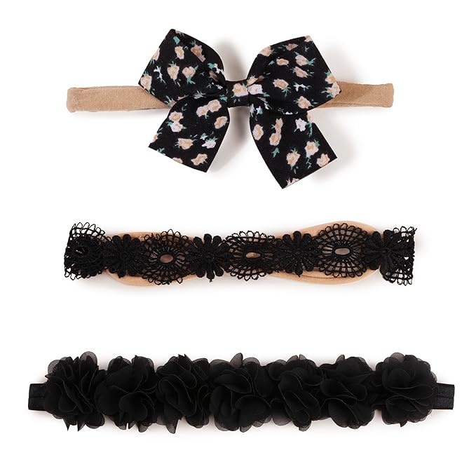 cherrboll Baby Girl Nylon Headbands, 3Pcs Handmade Floral Hair Bows, Stretchy Flower Hairbands for Newborns Infants Toddlers